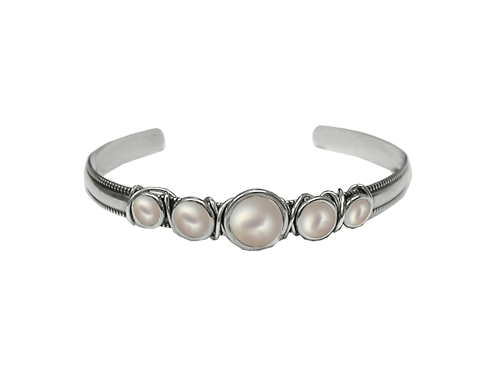 Sterling Silver 5 Stone Handmade Cuff Bracelet Cultured Freshwater Pearl